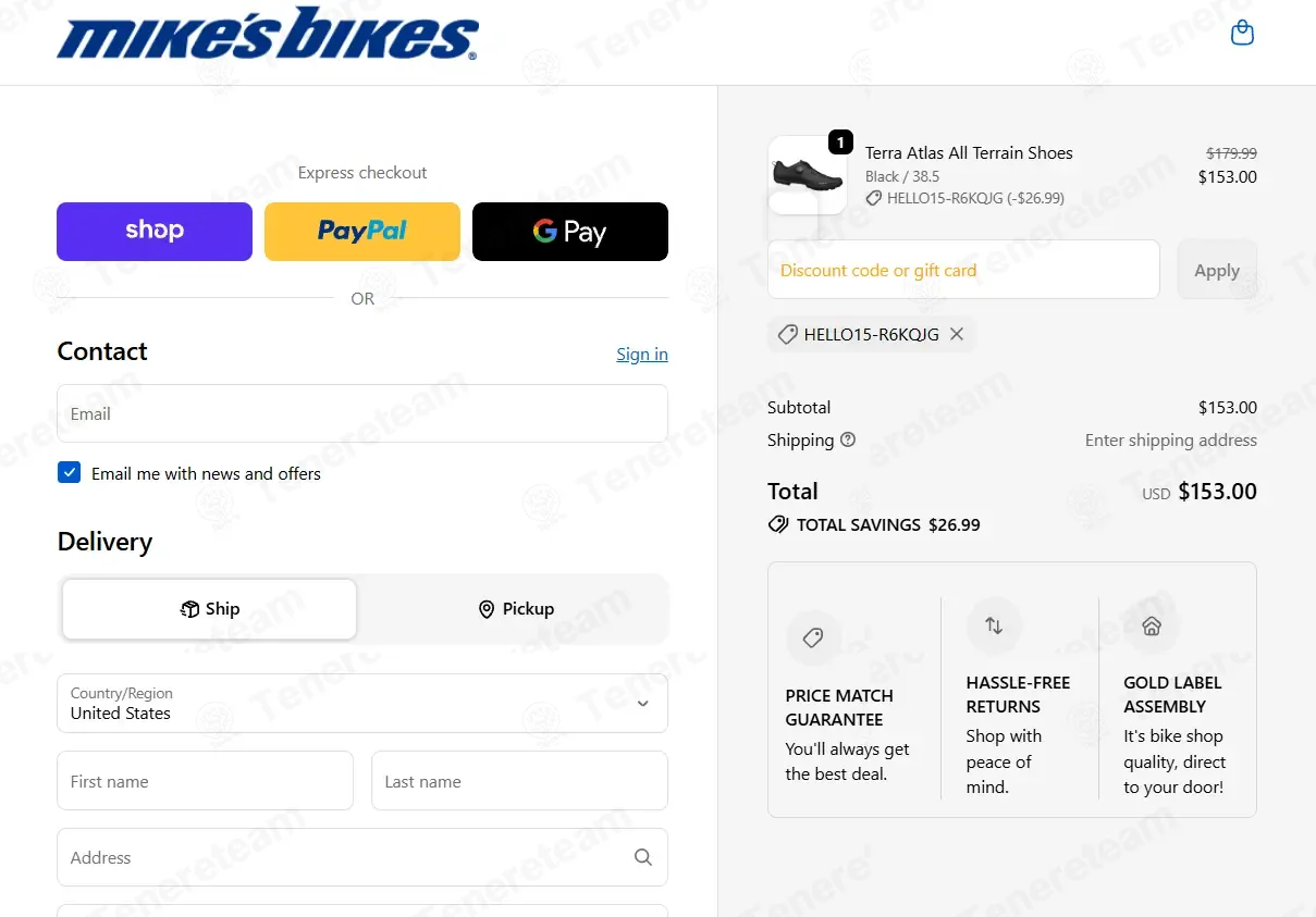Mikes Bikes coupon code: 15% off with HELLO15-R6KQJG. Tested and valid as 2 weeks ago.