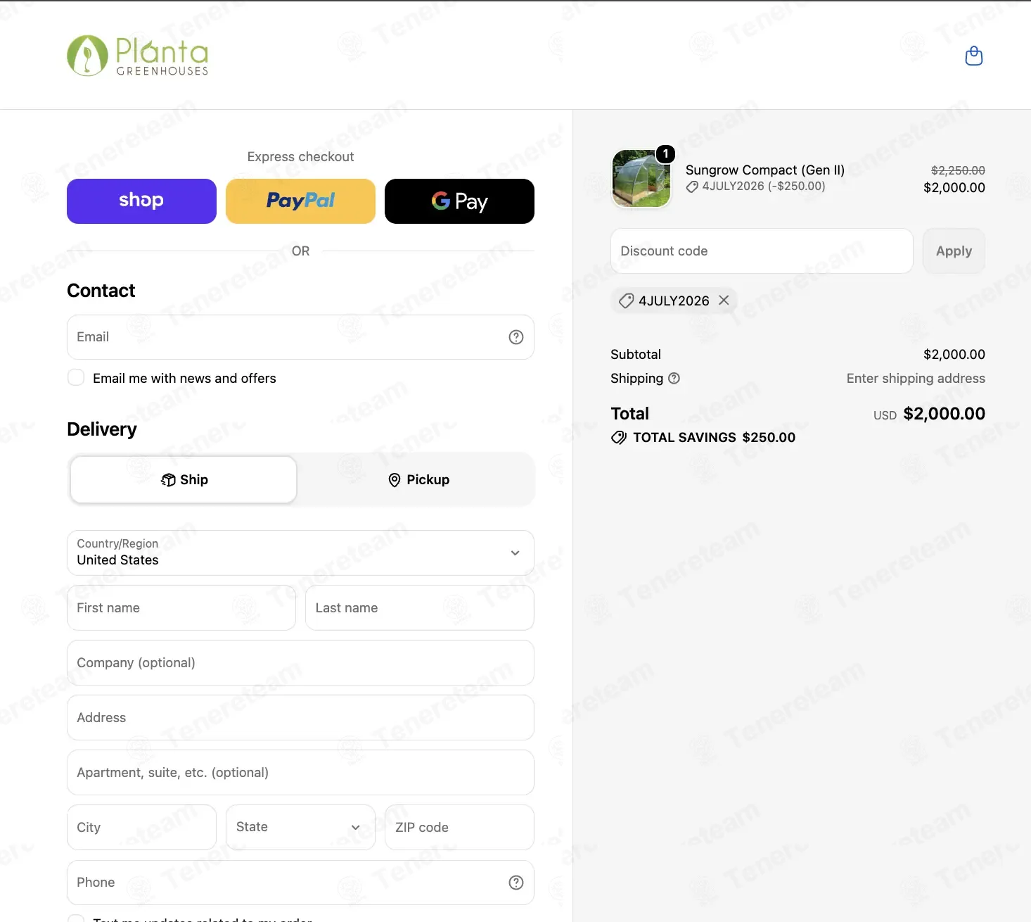 Planta Greenhouses CA coupon code: $250 off with 4JULY2026. Tested and valid as 4 days ago.