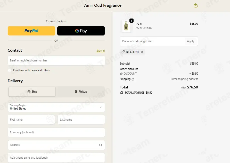 Amir Oud Fragrance coupon code: 10% off with DISCOUNT. Tested and valid as 1 month ago.