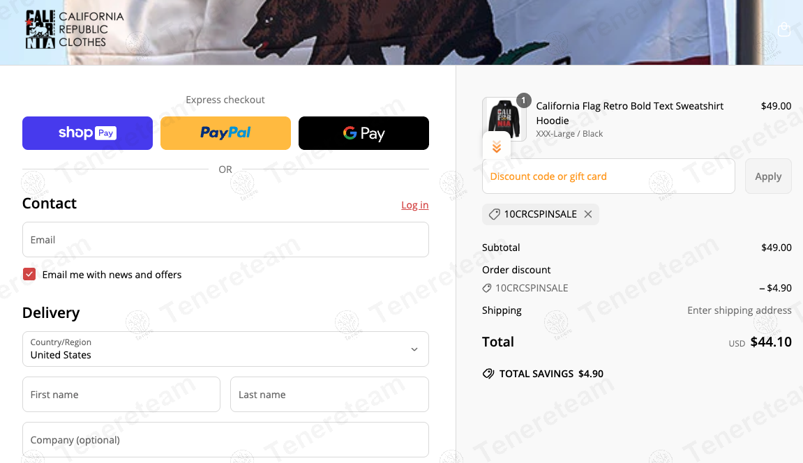 California Republic Clothes coupon code: 10% off with 10CRCSPINSALE. Tested and valid as 1 year ago.
