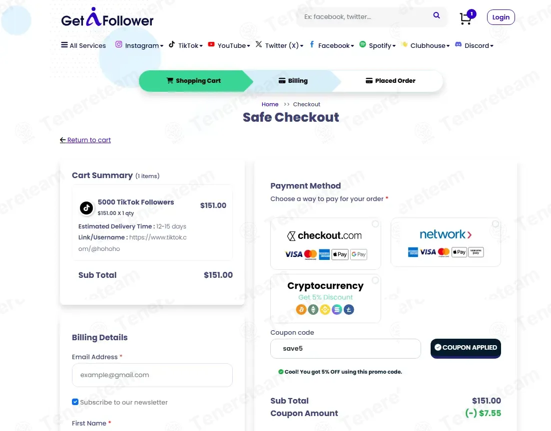 GetAFollower coupon code: 5% off with SAVE5. Tested and valid as 2 months ago.