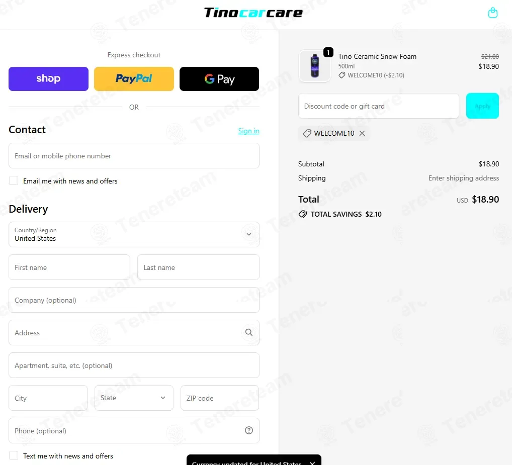 Tino Car Care coupon code: 10% off with WELCOME10. Tested and valid as 1 week ago.
