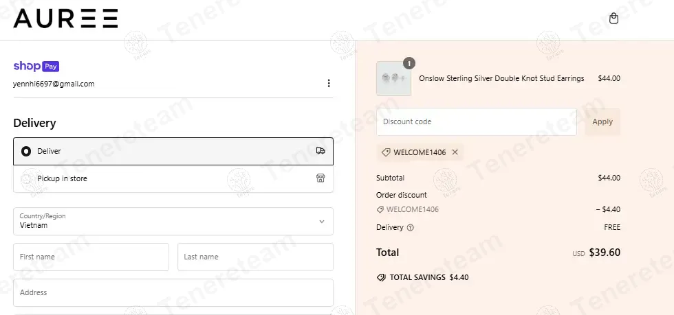 Auree Jewellery coupon code: 10% off with WELCOME1406. Tested and valid as 1 year ago.