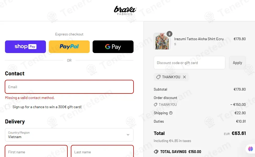 Brava Fabrics coupon code: $150 off with THANKYOU. Tested and valid as 1 year ago.
