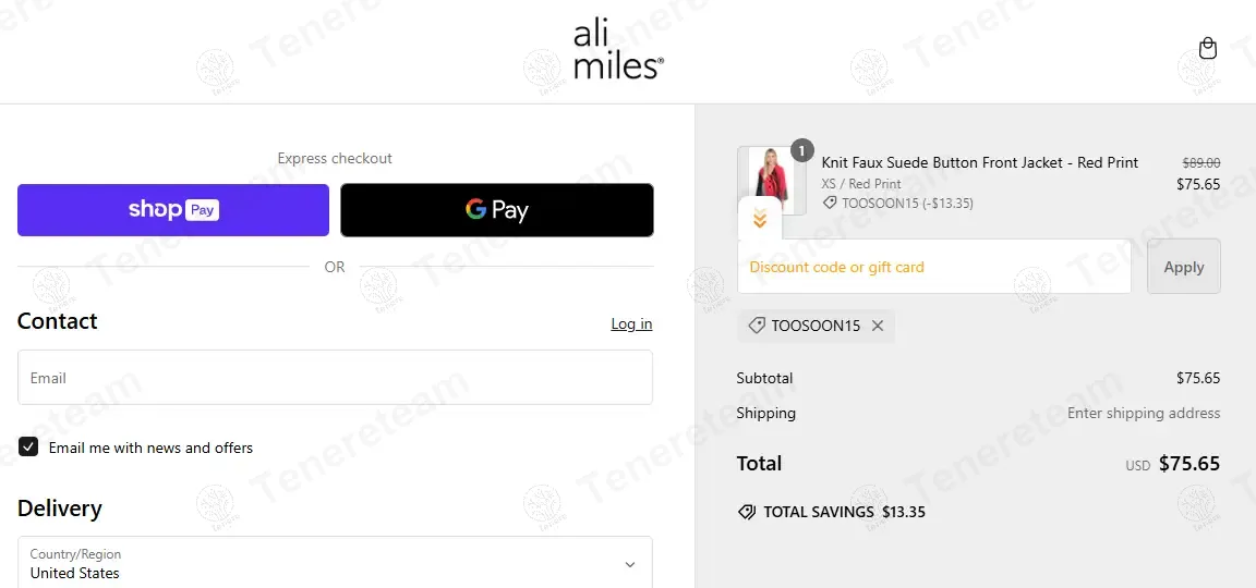 Ali Miles coupon code: 15% off with TOOSOON15. Tested and valid as 11 months ago.