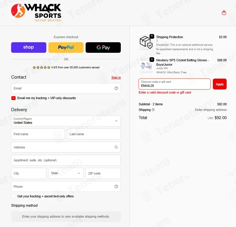 Whack Sports coupon code: 20% off with EMAIL20. Tested and valid as 2 months ago.