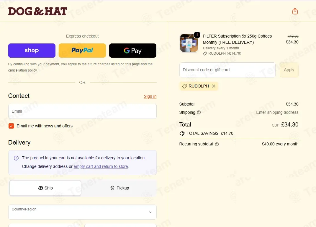 Dog & Hat Coffee UK coupon code: 30% off with RUDOLPH. Tested and valid as 2 weeks ago.