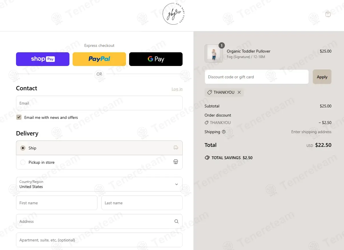 Gaia Baby Goods coupon code: 10% off with THANKYOU. Tested and valid as 1 year ago.