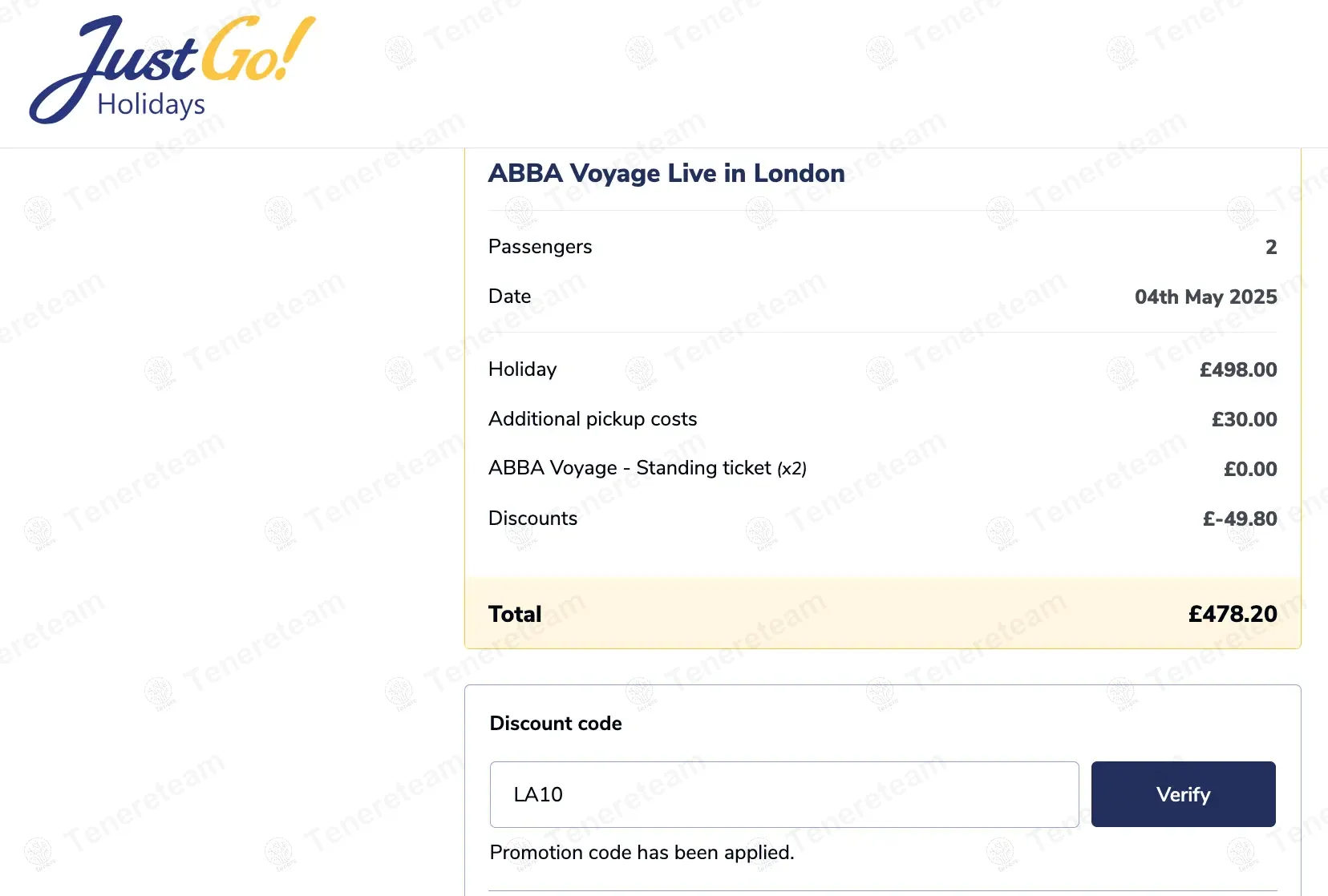 Just Go Holidays coupon code: 10% off with LA10. Tested and valid as 1 year ago.