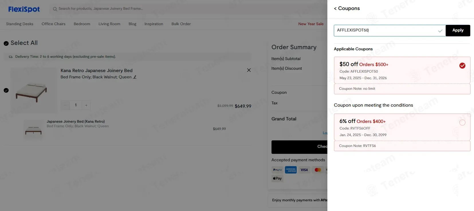 FlexiSpot coupon code: $50 off with AFFLEXISPOT50. Tested and valid as 1 week ago.