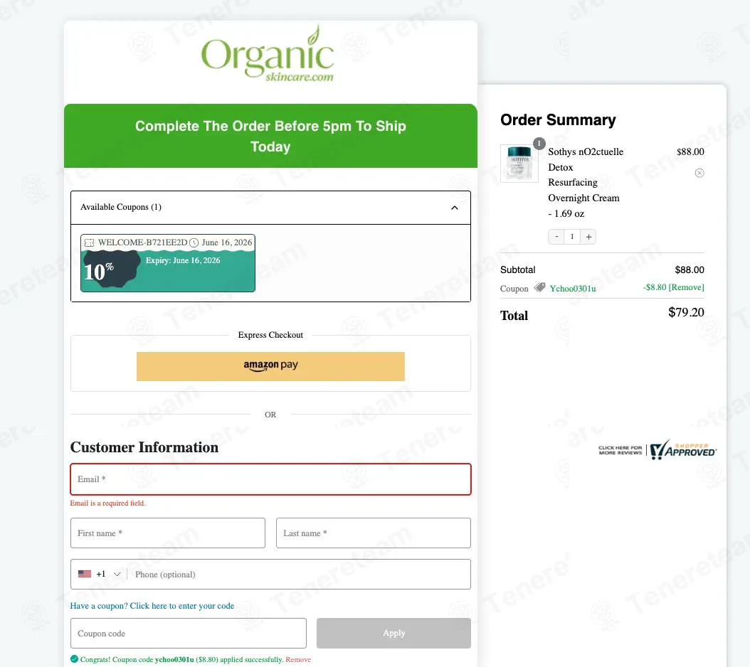 Organic Skin Care coupon code: 10% off with YCHOO0301U. Tested and valid as 1 month ago.