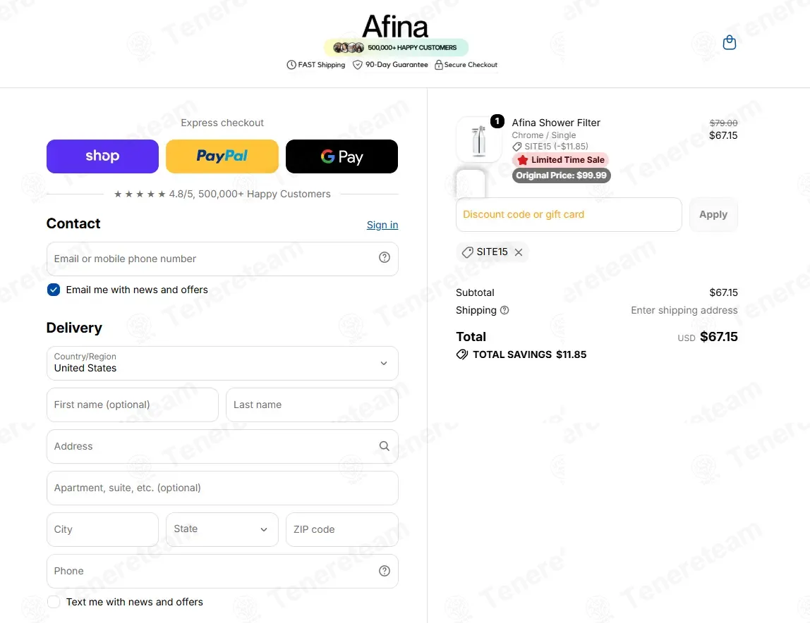 Afina coupon code verified as working at checkout