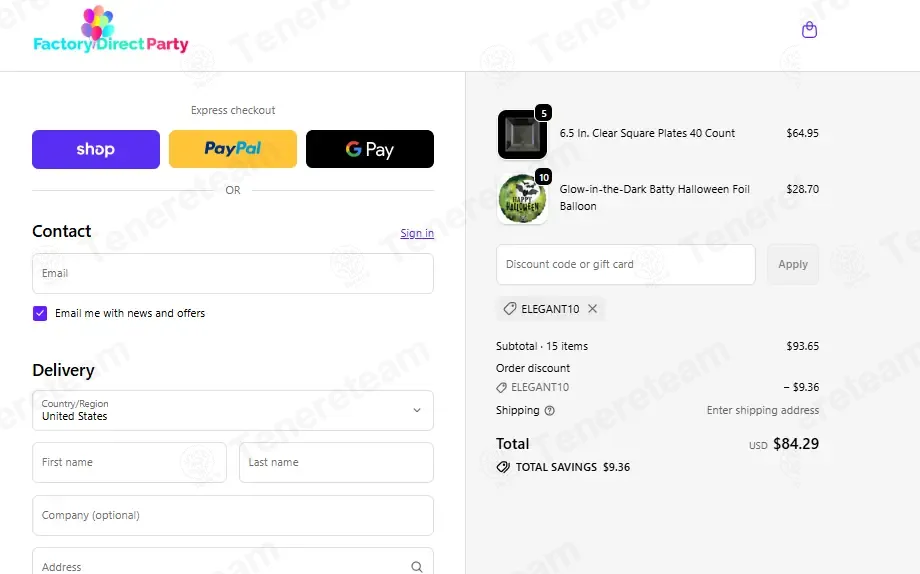 Factory Direct Party coupon code: 10% off with ELEGANT10. Tested and valid as 2 weeks ago.