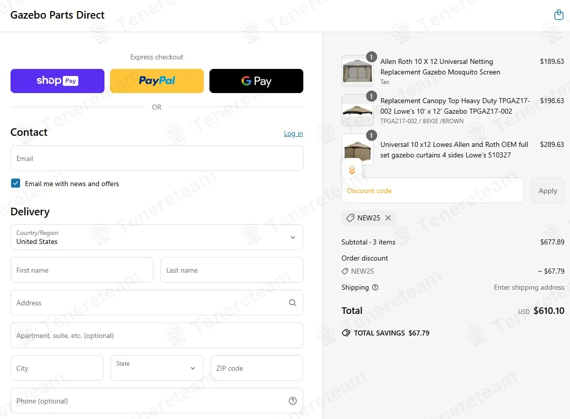 Gazebo Parts Direct coupon code: 10% off with NEW25. Tested and valid as 1 year ago.
