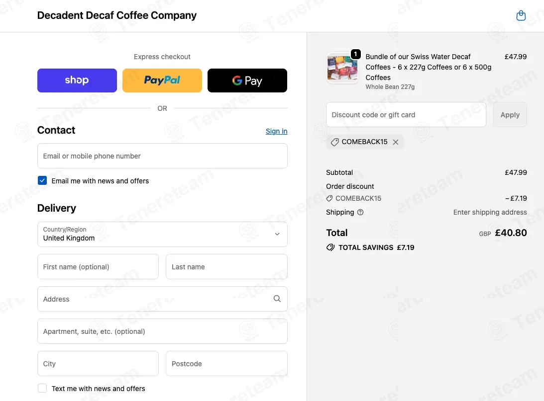 Decadent Decaf coupon code: 15% off with COMEBACK15. Tested and valid as 3 weeks ago.