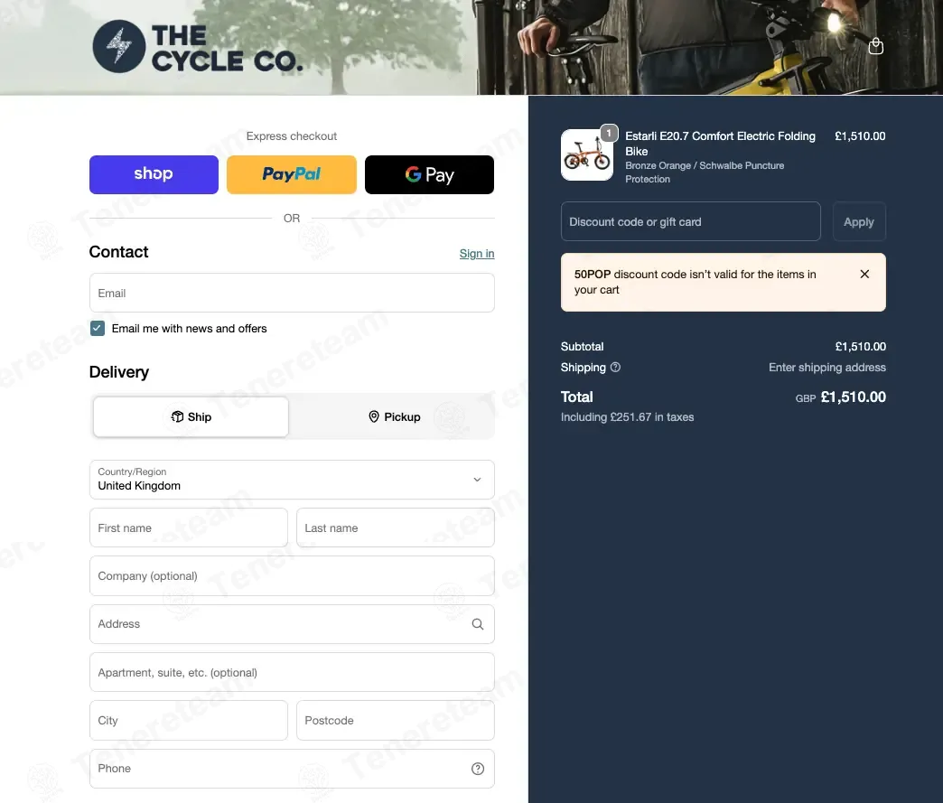 The Cycle Company coupon code: £50 off with 50POP. Tested and valid as 1 month ago.