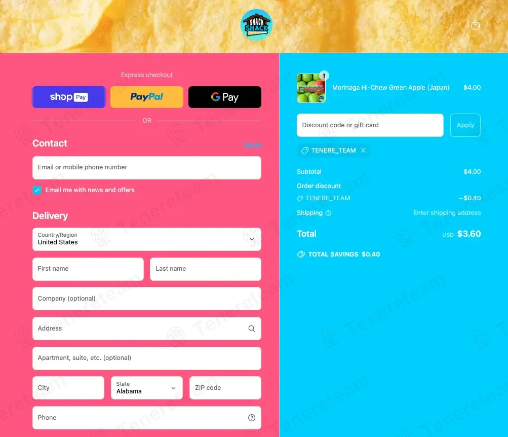 Snack Shack Drive Thru coupon code: 10% off with TENERE_TEAM. Tested and valid as 8 months ago.