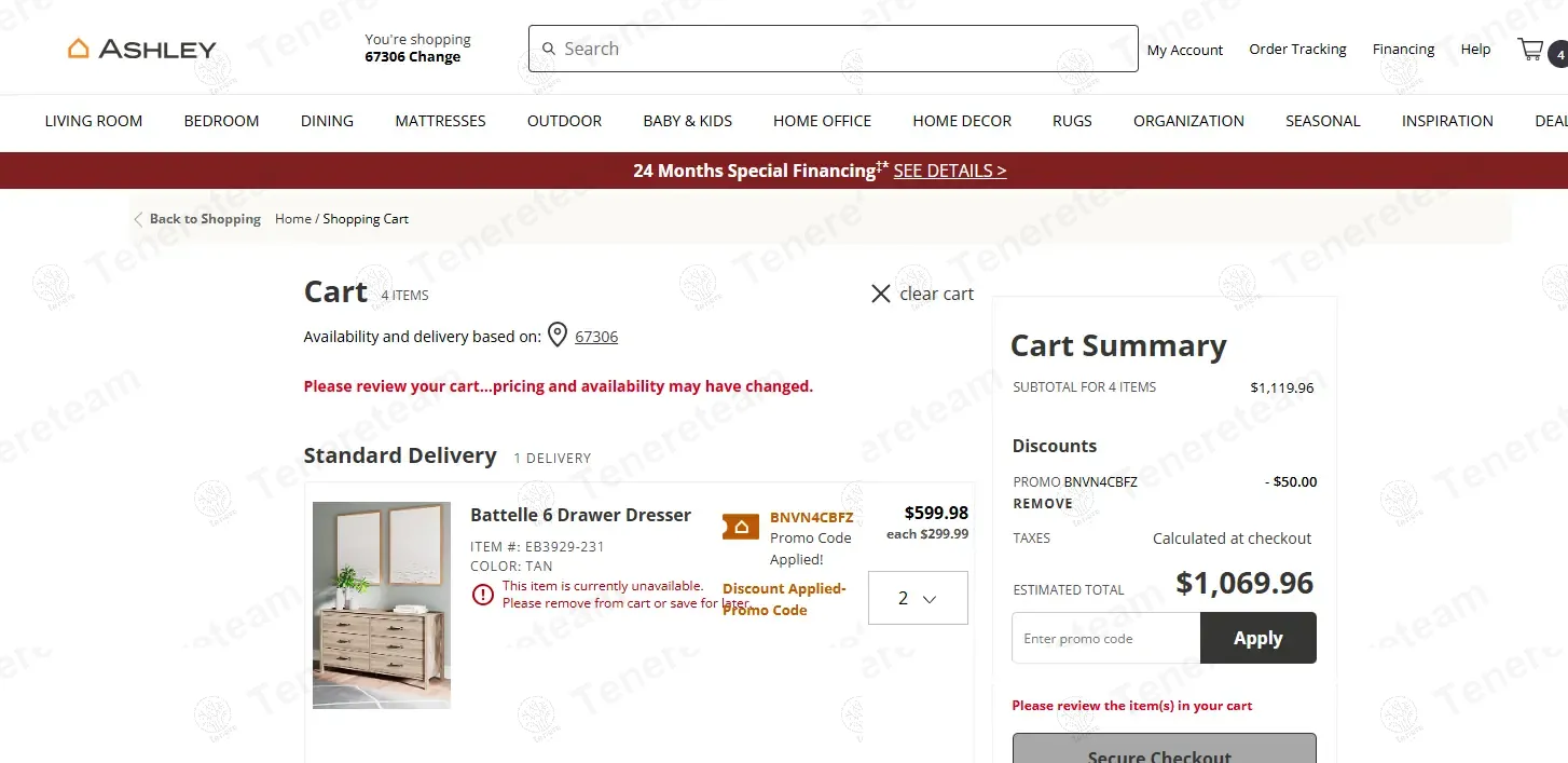 Ashley coupon code: $50 off with BNVN4CBFZ. Tested and valid as 9 months ago.