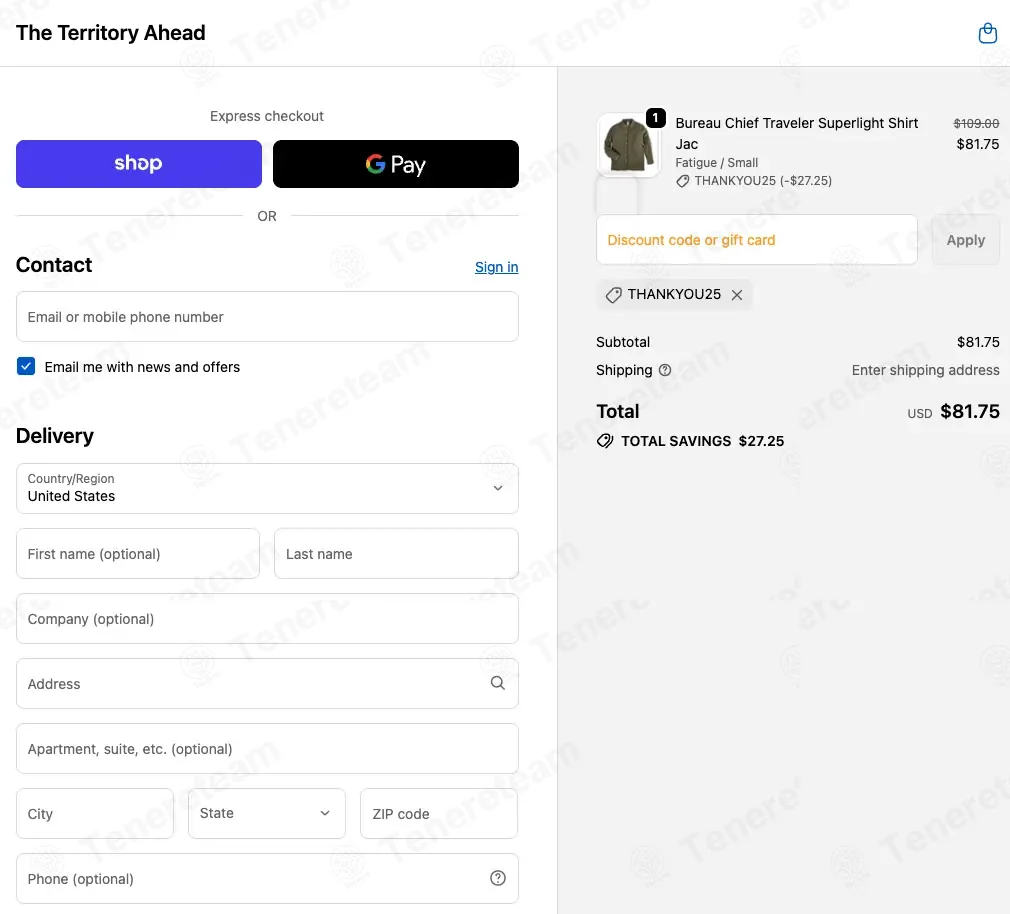Territory Ahead coupon code: 25% off with THANKYOU25. Tested and valid as 8 months ago.