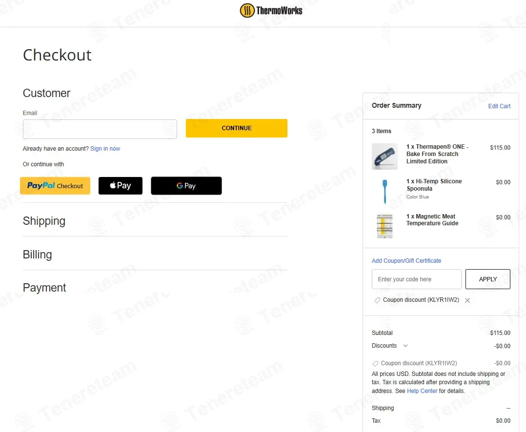 Thermoworks coupon code: 10% off with KLYR1IW2. Tested and valid as 1 minute ago.