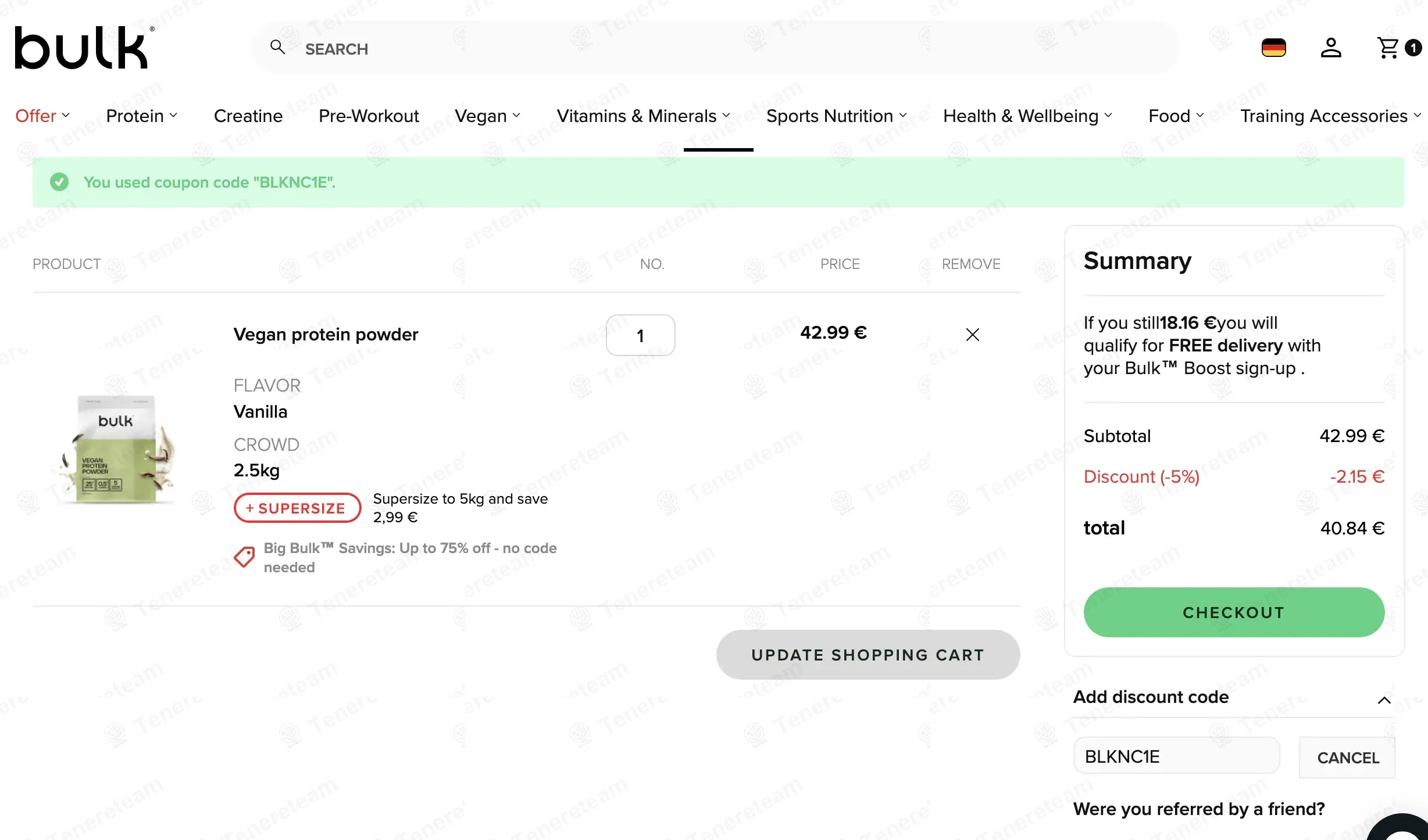 Bulk Powders DE coupon code: 5% off with BLKNC1E. Tested and valid as 9 months ago.