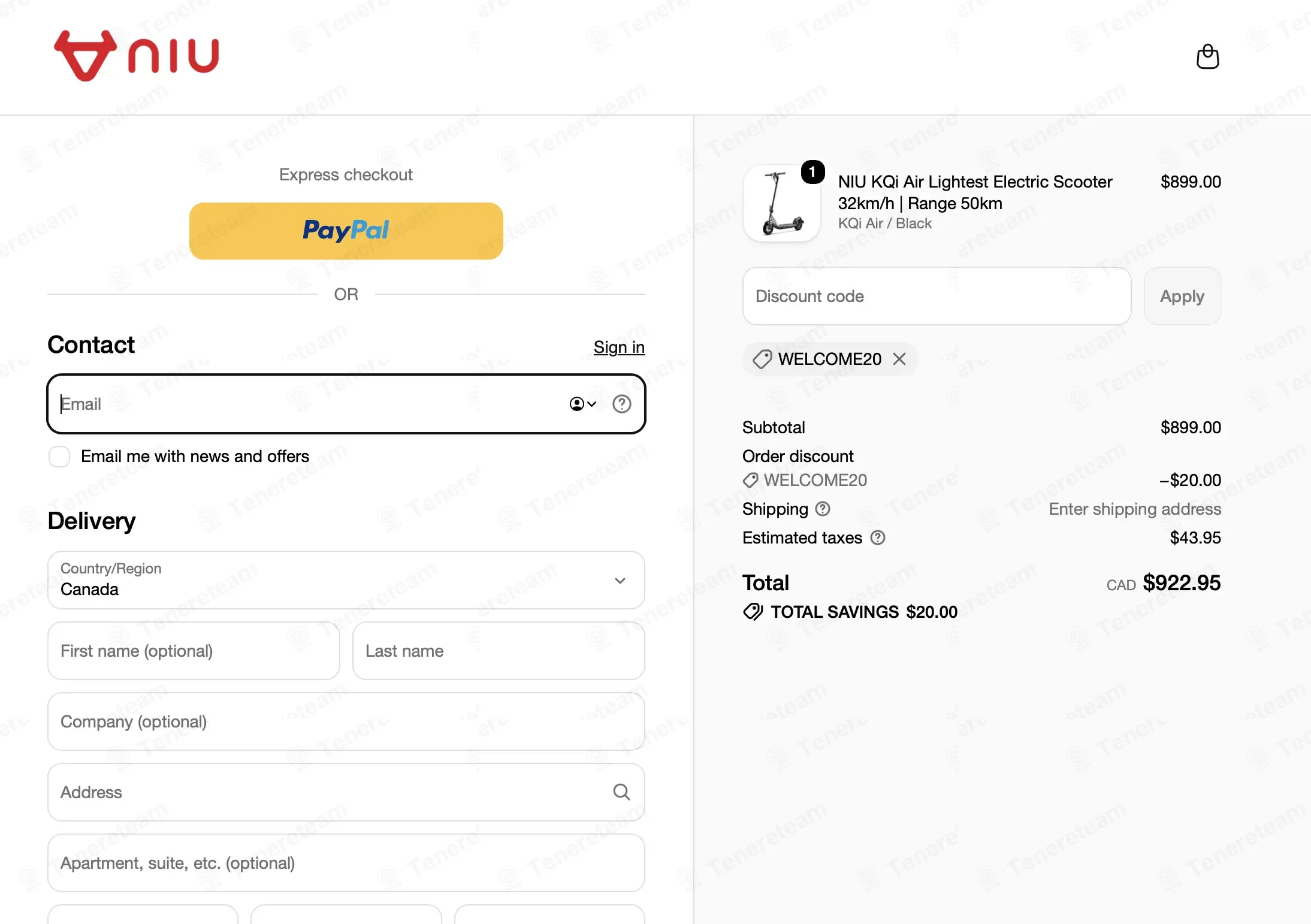 NIU Canada Shop coupon code: $20 off with WELCOME20. Tested and valid as 4 weeks ago.