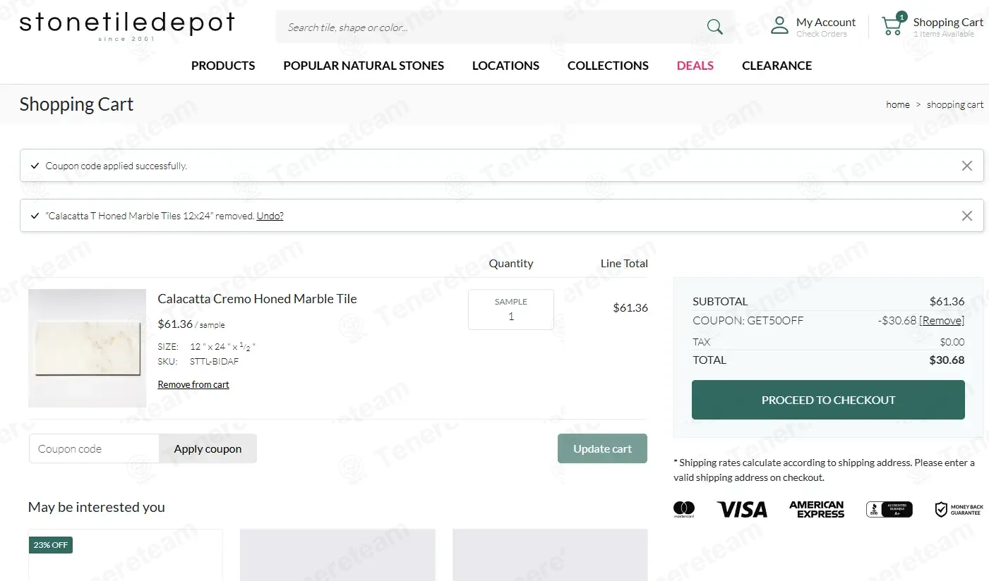Stone Tile Depot coupon code: 50% off with GET50OFF. Tested and valid as 1 month ago.