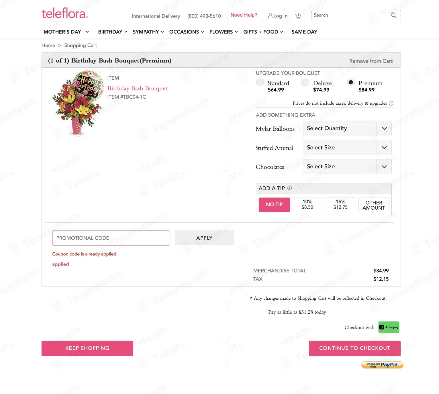 Teleflora coupon code: 25% off with BAAUP25. Tested and valid as 2 weeks ago.