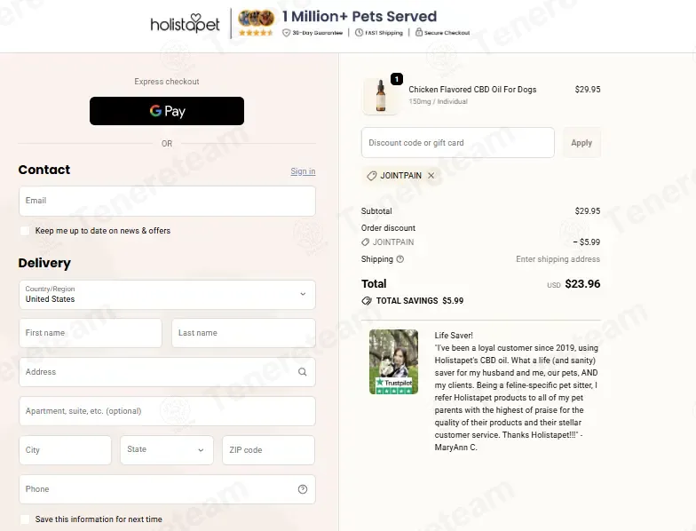 HolistaPet coupon code: 20% off with JOINTPAIN. Tested and valid as 1 month ago.