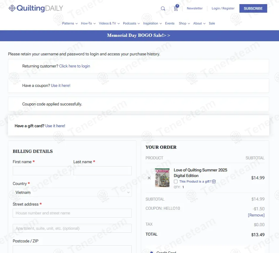 Quilting Daily coupon code: 10% off with HELLO10. Tested and valid as 9 months ago.