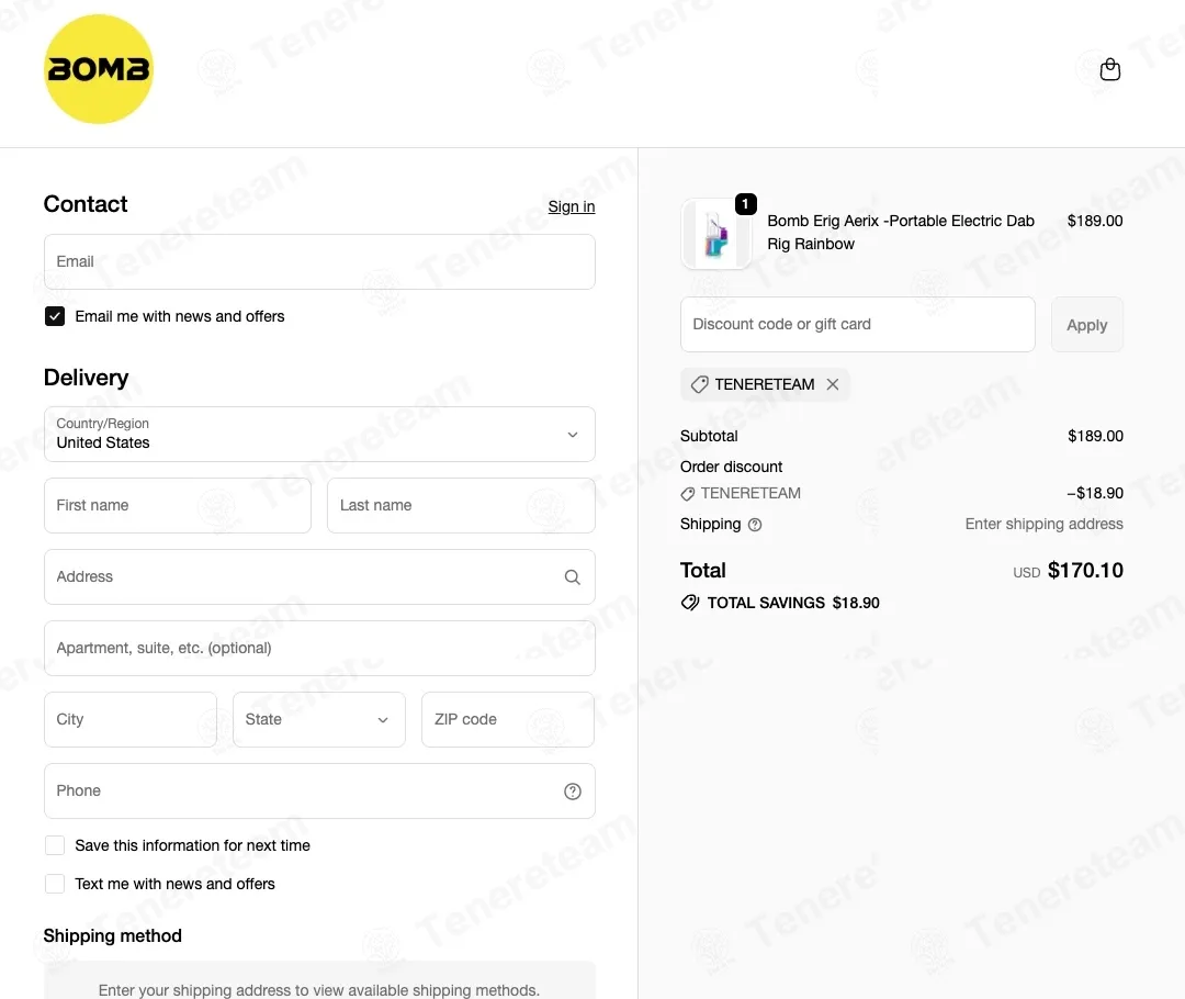 Bomb Official coupon code: 10% off with TENERETEAM. Tested and valid as 1 month ago.