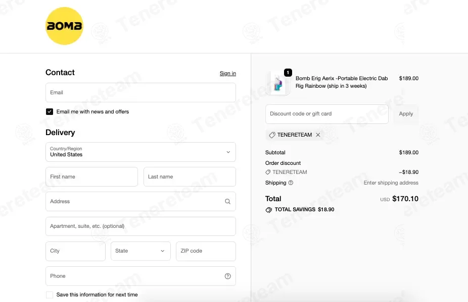 Bomb Official coupon code: 10% off with TENERETEAM. Tested and valid as 1 month ago.