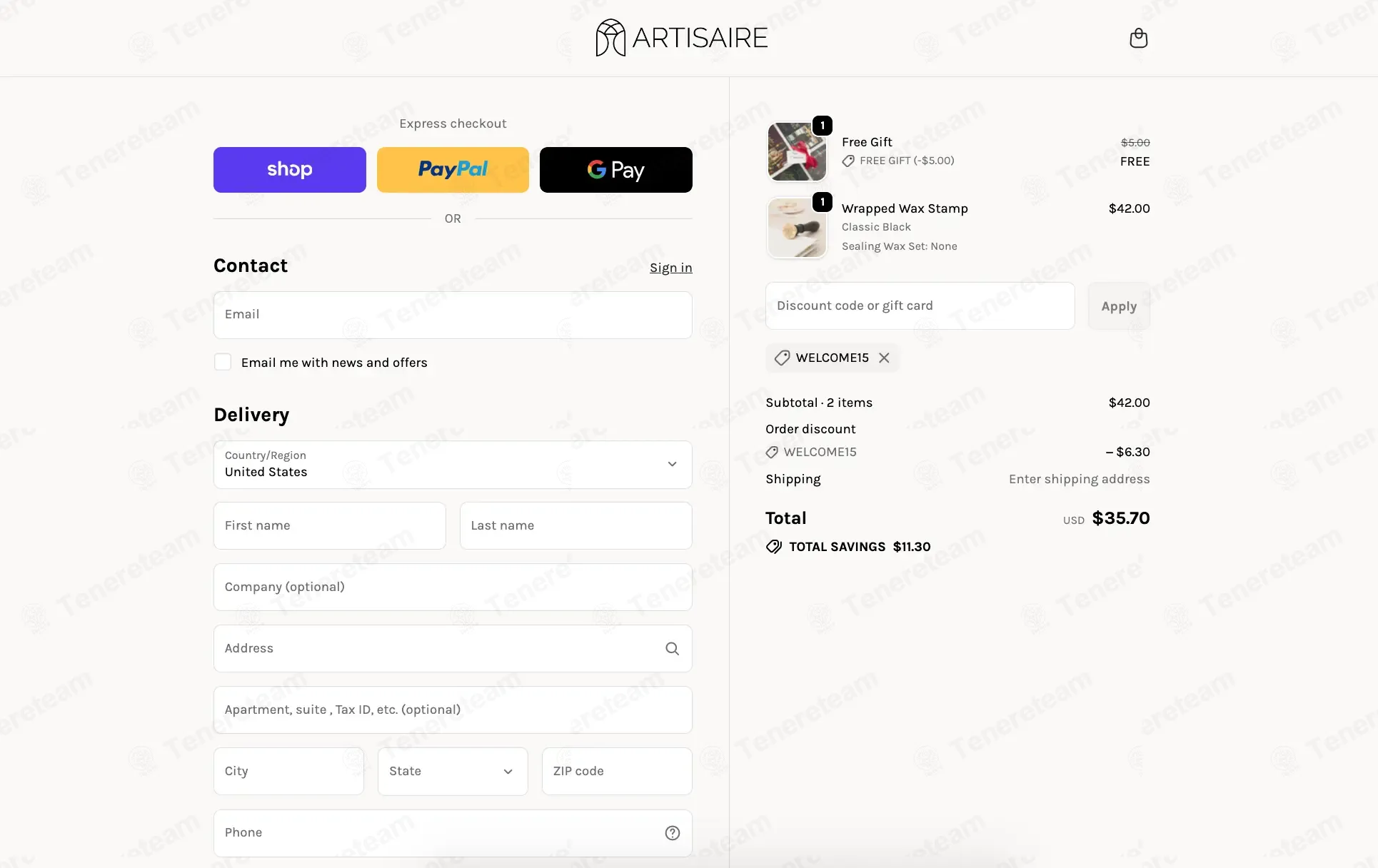 Artisaire coupon code: 15% off with WELCOME15. Tested and valid as 8 months ago.