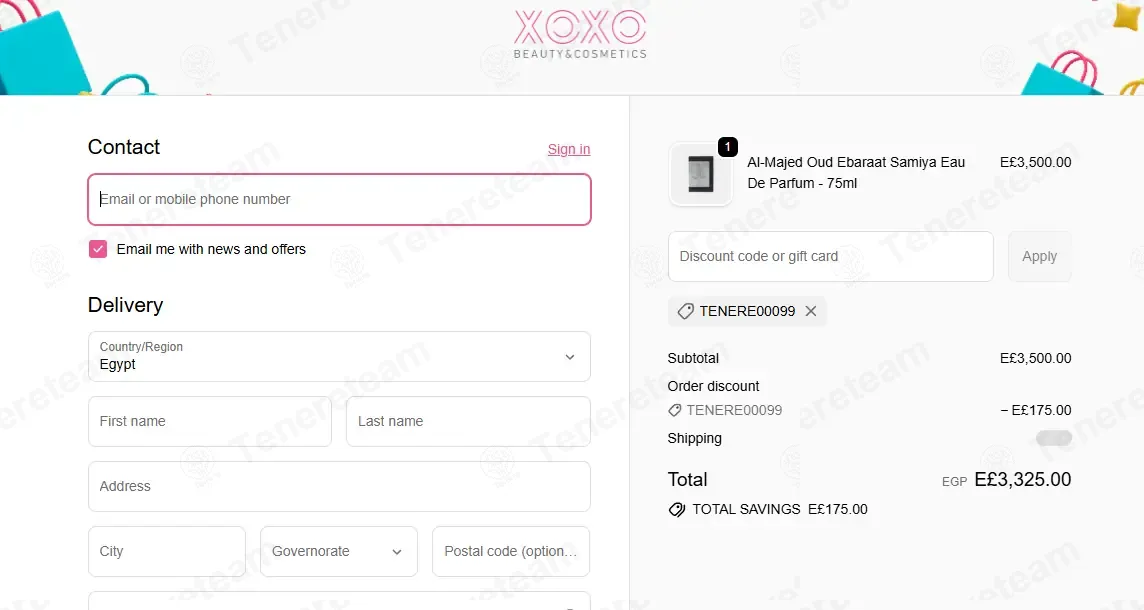 XOXO Beauty & Cosmetics coupon code: 5% off with TENERE00099. Tested and valid as 2 months ago.