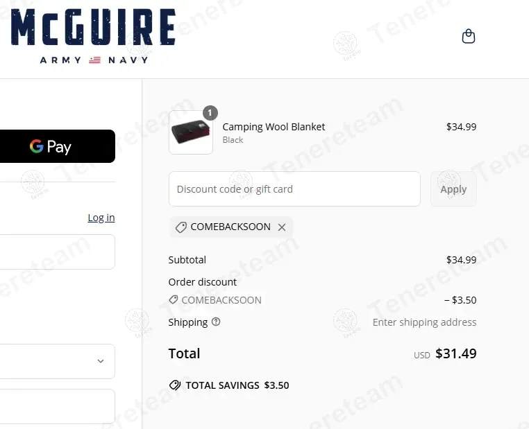 Mcguire Army Navy coupon code: 10% off with COMEBACKSOON. Tested and valid as 1 year ago.