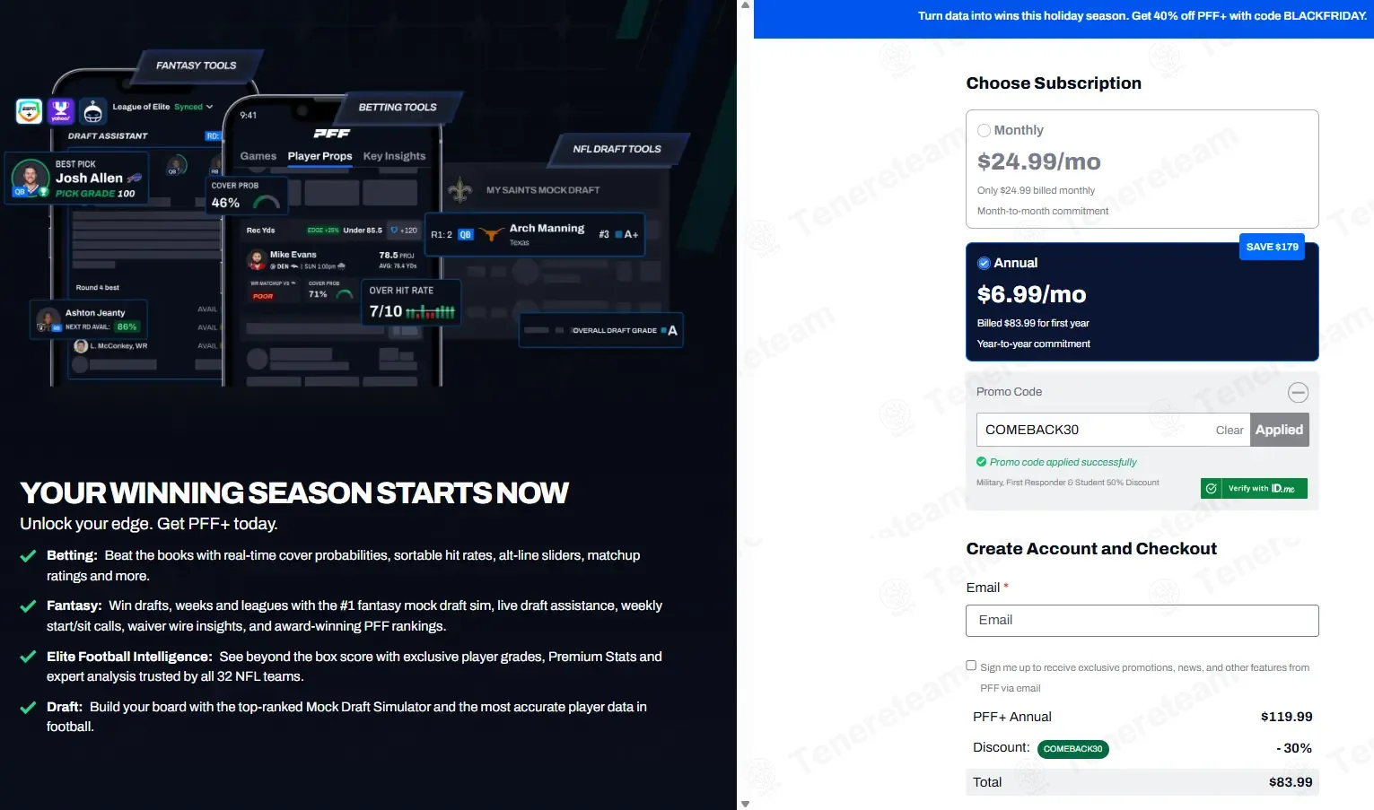 Pro Football Focus coupon code: 30% off with COMEBACK30. Tested and valid as 7 months ago.