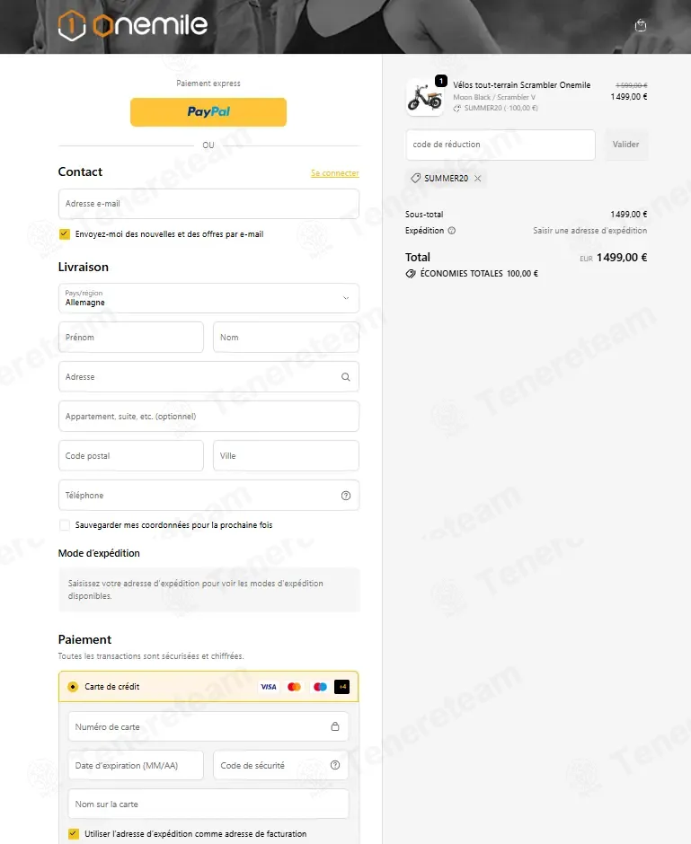 Onemilebike coupon code: €100 off with SUMMER20. Tested and valid as 3 weeks ago.