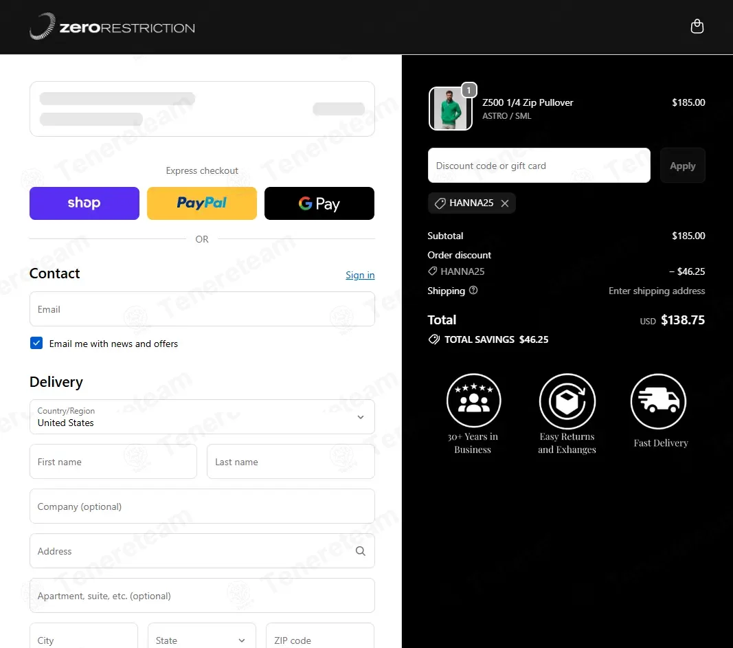 Zero Restriction coupon code: 25% off with Hanna25. Tested and valid as 4 weeks ago.