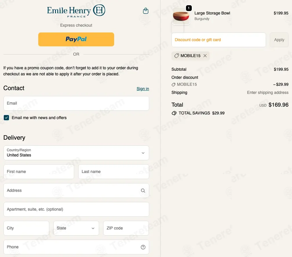 Emile Henry USA coupon code: 15% off with MOBILE15. Tested and valid as 7 months ago.