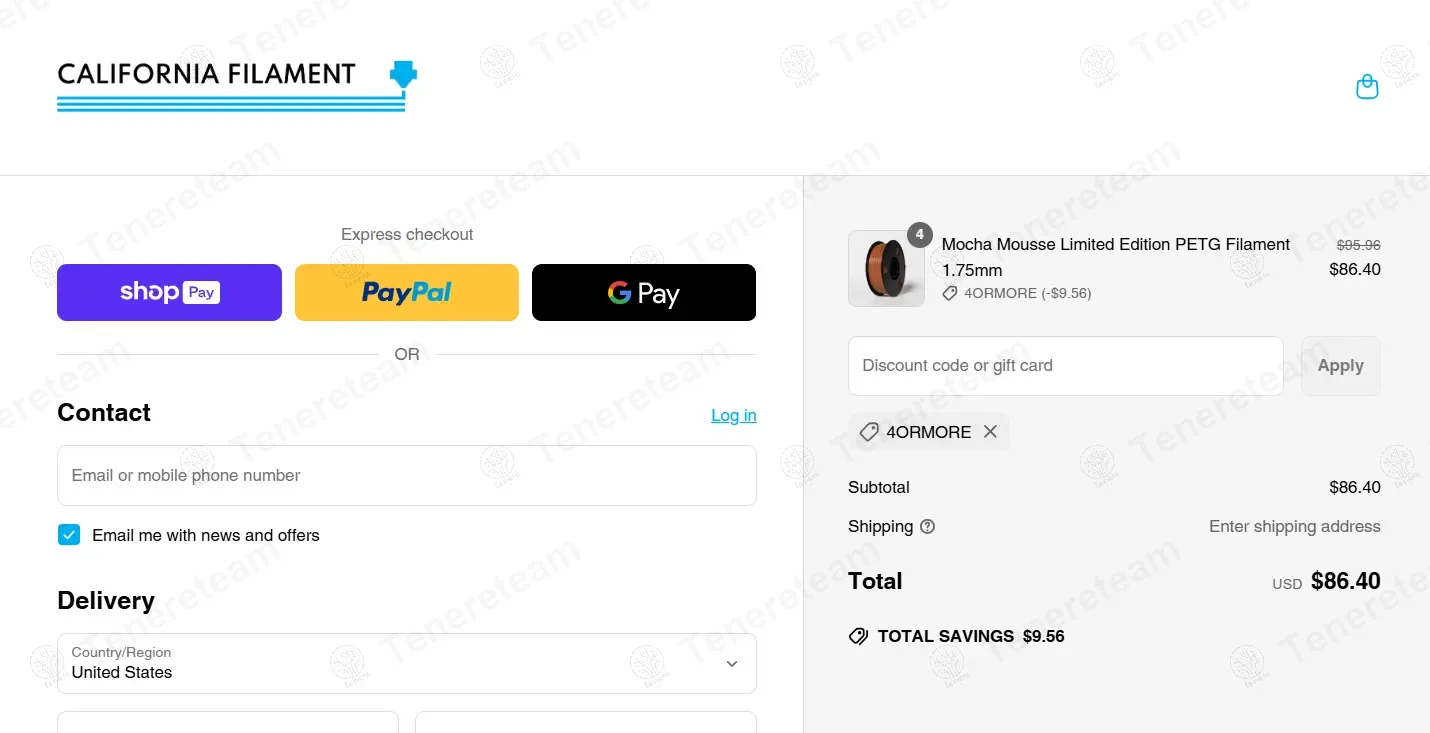 California Filament coupon code: 10% off with 4ORMORE. Tested and valid as 1 year ago.