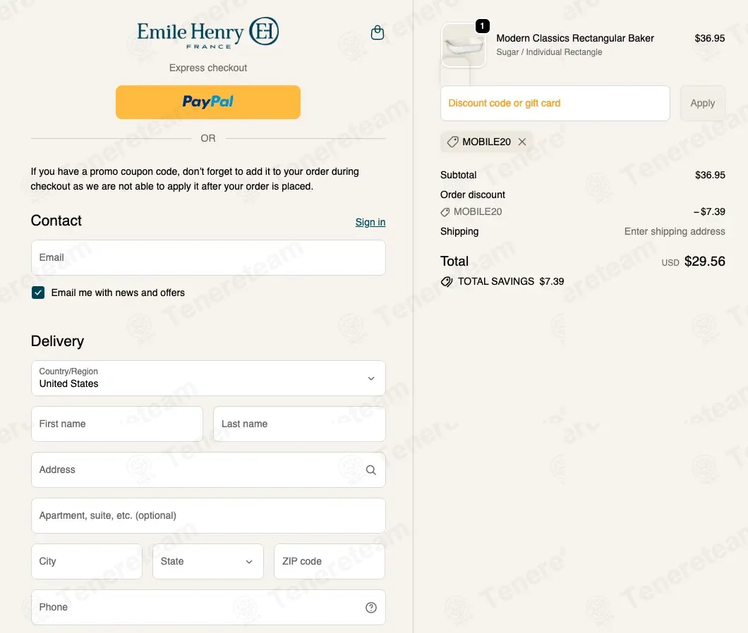 Emile Henry USA coupon code: 20% off with MOBILE20. Tested and valid as 7 months ago.