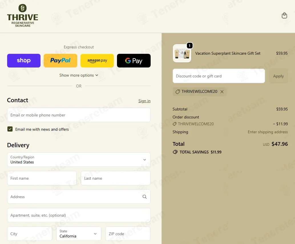 Thrive Natural Care coupon code: 20% off with THRIVEWELCOME20. Tested and valid as 5 days ago.