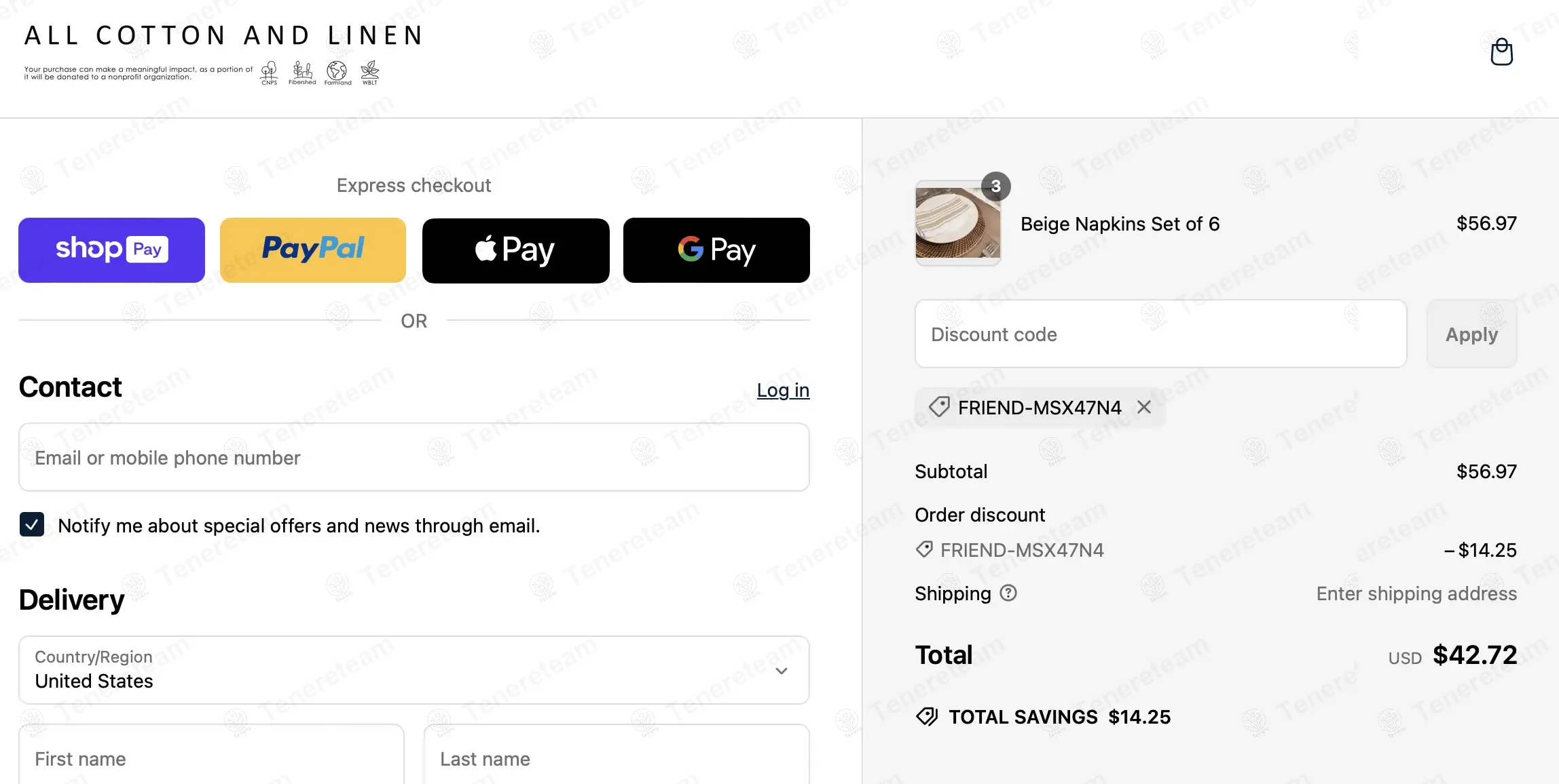 All Cotton and Linen coupon code: 25% off with FRIEND-MSX47N4. Tested and valid as 1 year ago.