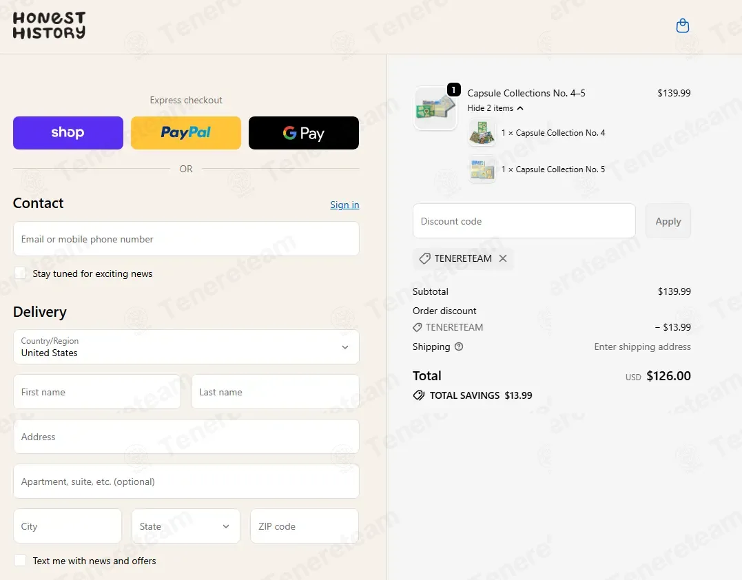 Honest History coupon code: 10% off with TENERETEAM. Tested and valid as 2 weeks ago.