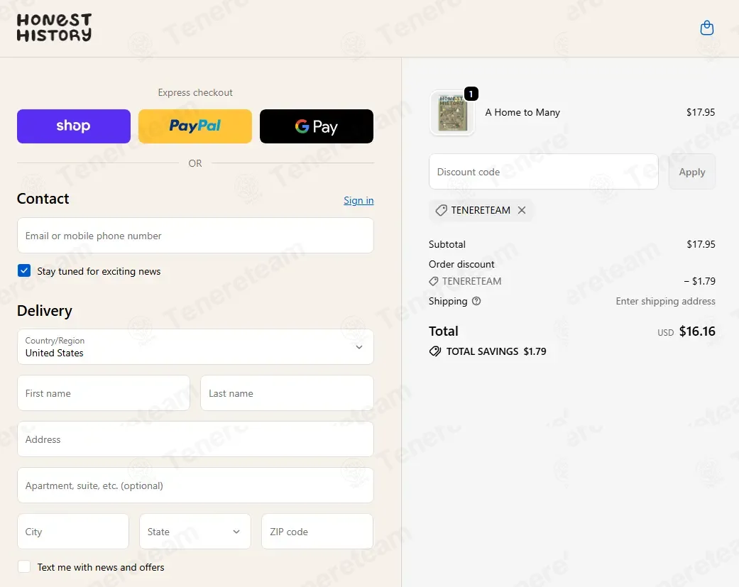 Honest History coupon code: 10% off with TENERETEAM. Tested and valid as 2 weeks ago.