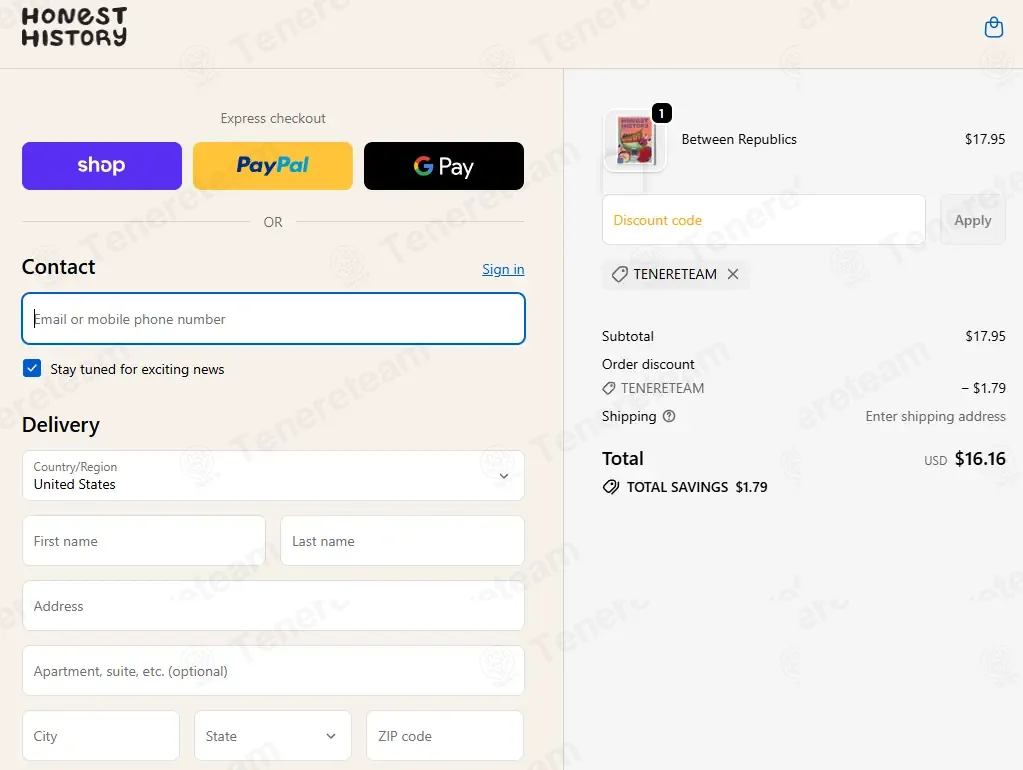 Honest History coupon code: 10% off with TENERETEAM. Tested and valid as 2 weeks ago.