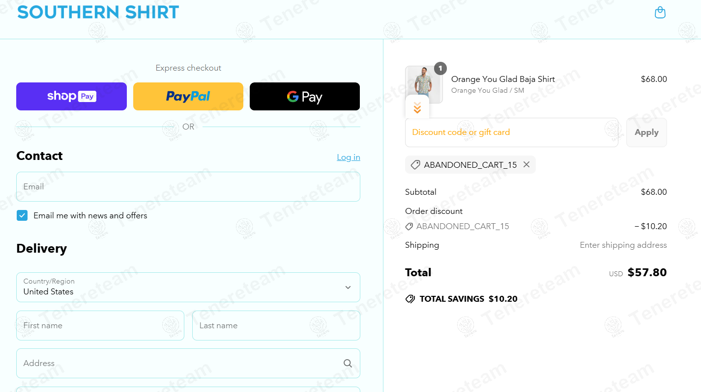 Southern Shirt coupon code: 15% off with ABANDONED_CART_15. Tested and valid as 1 year ago.