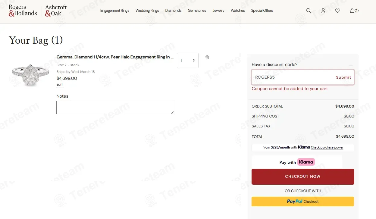 Rogers and Hollands coupon code: 10% off with ROGERS5. Tested and valid as 3 months ago.