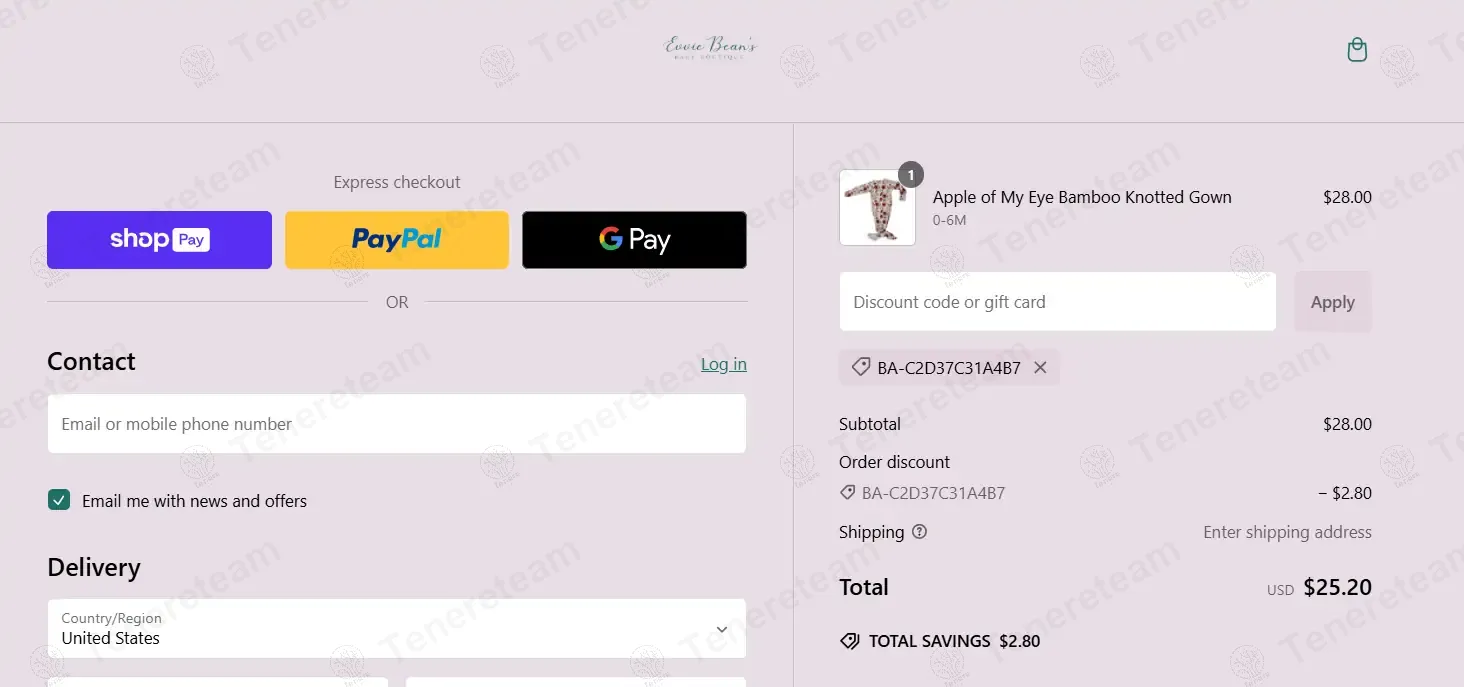 Evvie Bean's Baby Boutique coupon code: 10% off with BA-c2d37c31a4b7. Tested and valid as 1 year ago.