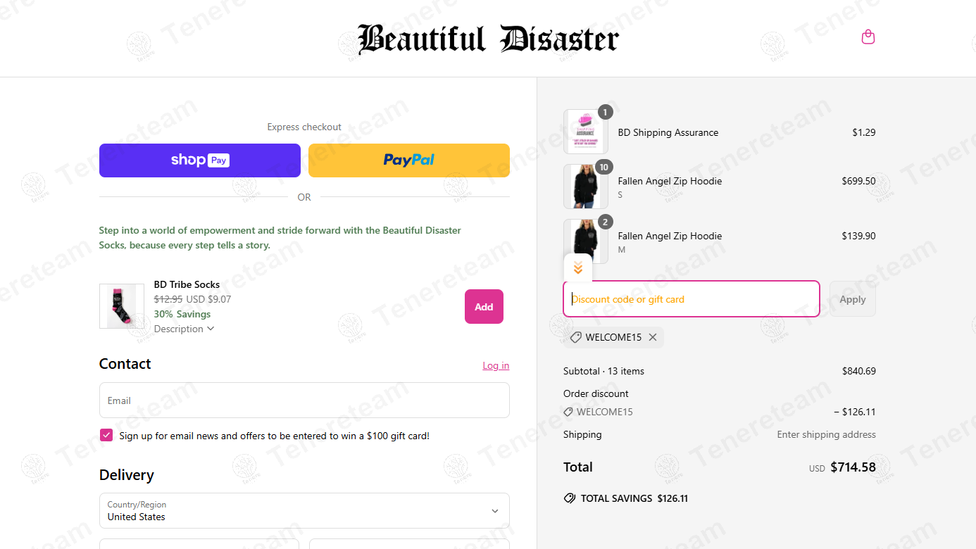 Beautiful Disaster Clothing coupon code: 15% off with WELCOME15. Tested and valid as 1 year ago.